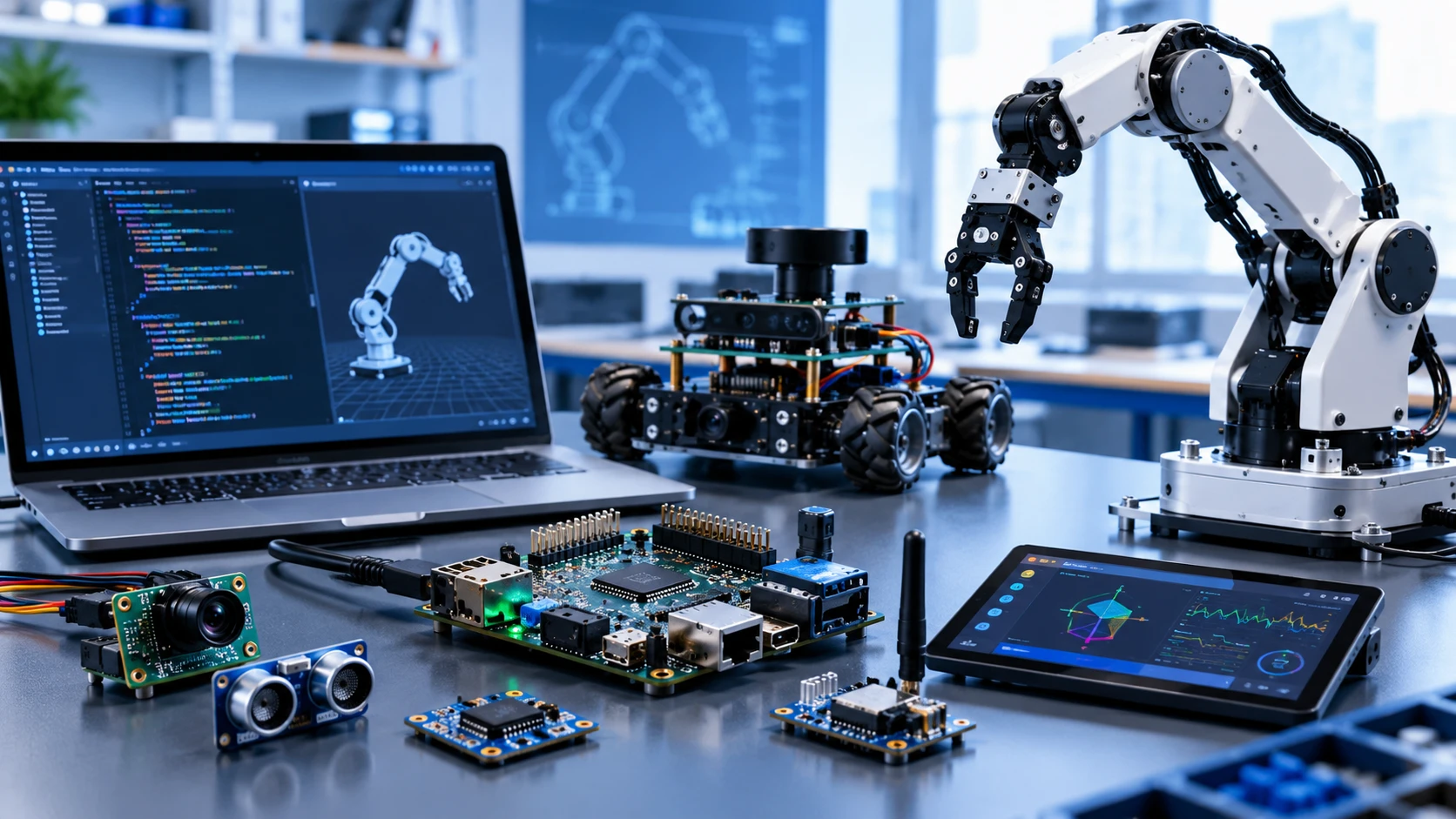 Entwicklungsarbeitsplatz mit Roboterarm, mobilem Roboter, Embedded-Platinen, Kamera- und Ultraschallsensor sowie Laptop mit Programmcode und 3D-Simulation