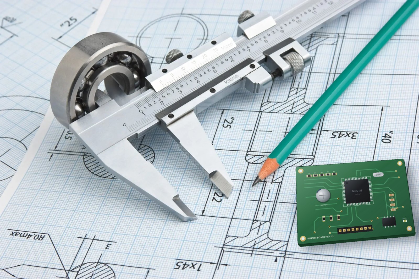 Messschieber, Kugellager, Bleistift und Elektronikplatine auf einer technischen Zeichnung